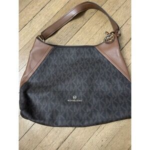 NWT Michael Kors Aria Large Shoulder Bag Signature Brown Luggage Gold Hardware